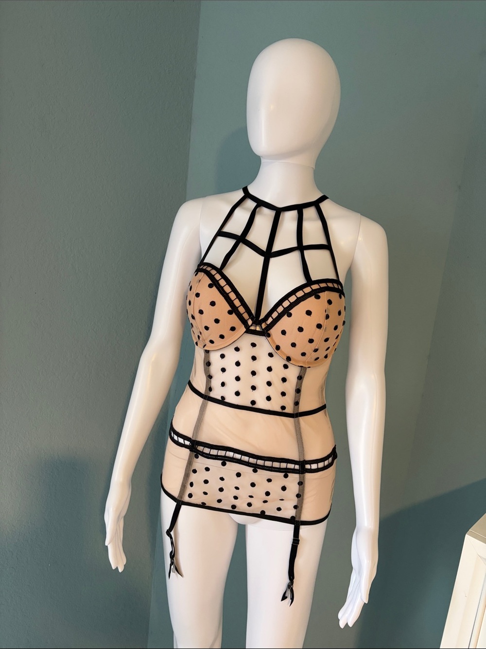 Victoria's Secret Black & Nude Polka Dot Sheer Chemise and matching thong